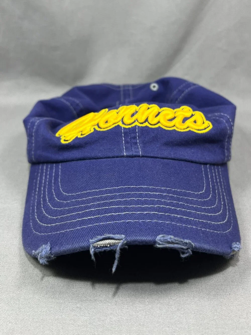 My Town Originals Hornets Hat Blue Yellow Distressed Script Adjustable Dad Cap